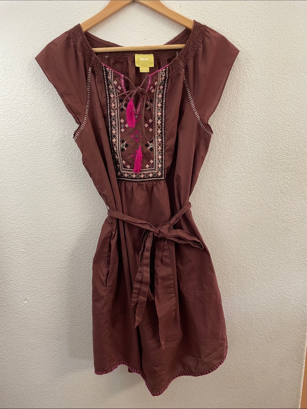 Maeve Brown Embroidered Tassel Waist-Tie Dress 100% cotton 21x35